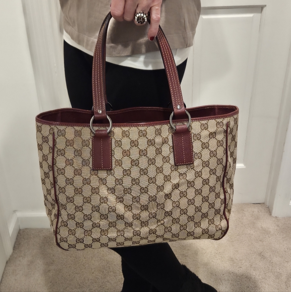GUCCI 2005 Coated Canvas/Leather Equestrian structured Open Tote Bag Bordeaux - Picture 4 of 17